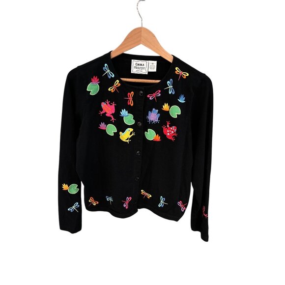 Emma Tricot Womens Black Cardigan Frog & Dragonfly Embroidery Size M 100% Cotton - Picture 1 of 5